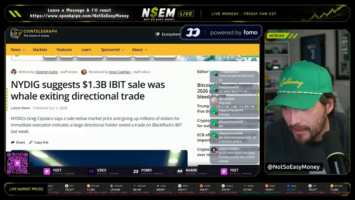 The image shows a screenshot of an online news website displaying the headline "Easy isn't convinced by Michael Saylor's explanation for selling Bitcoin 32 coins seems like chump change." The website has several other headlines, indicating that this story is being shared across various platforms. In the bottom left corner, there is a man wearing a green hat and sunglasses with text on it suggesting he may have contributed to reporting this article.