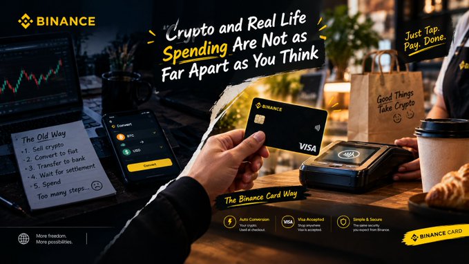 A Binance advertisement showing a hand holding a Visa card at a checkout counter, promoting that 'Crypto and Real Life Spending Are Not as Far Apart as You Think.'