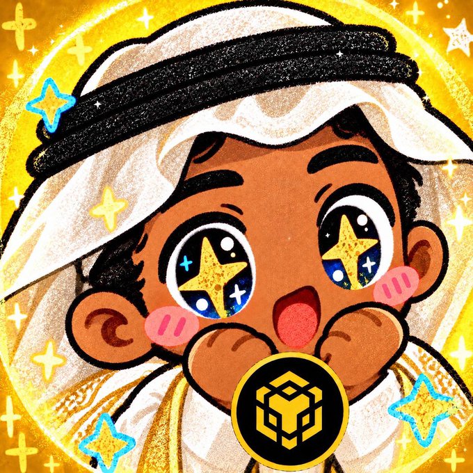 A colorful, stylized illustration of a person with starry eyes wearing a white headdress, with a black and yellow Binance (BNB) logo overlaid at the bottom center.