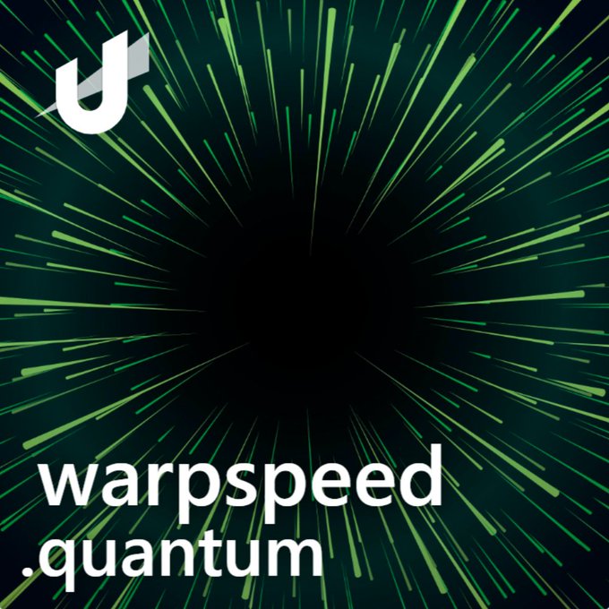 A logo design for 'warpspeed.quantum' featuring a stylized 'u' emblem against a green warp-speed background with streaks emanating from a central black void.
