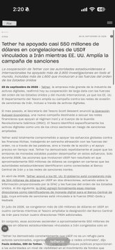 A mobile phone screenshot of a news article in Spanish from '20minutos' with the headline 'Tether ha apoyado casi 650 millones de dólares en congelaciones de USDT y están siendo utilizadas para la campaña de sanciones' regarding Tether freezing USDT assets.
