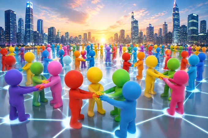 Colorful 3D humanoid figures in various colors hold hands in a circle on a glowing blue grid surface, set against a futuristic city skyline at sunset.