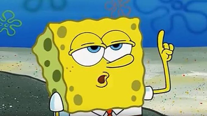 An animated scene of SpongeBob SquarePants with a skeptical expression, raising his index finger while speaking against an underwater background.