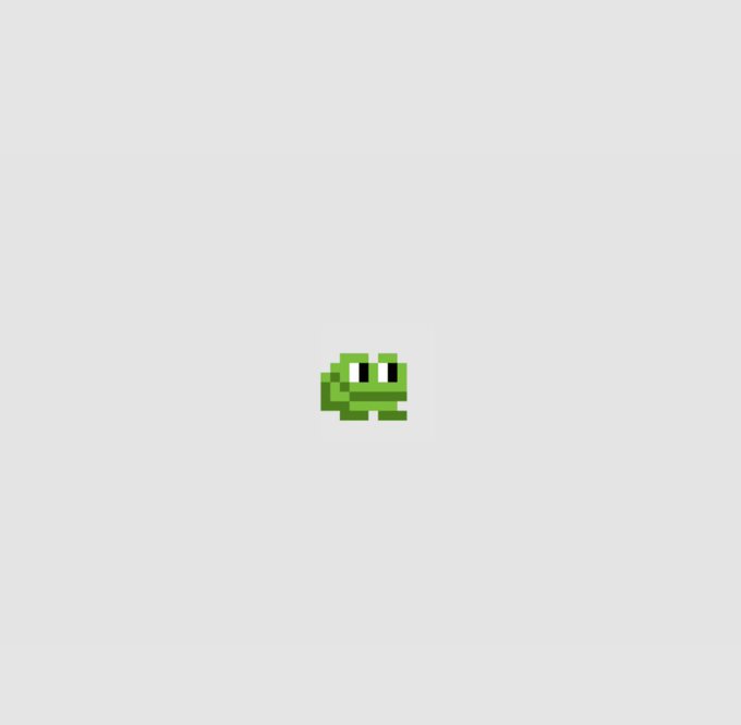 A tiny pixel art character resembling a green frog with large black eyes is centered on a light gray background.