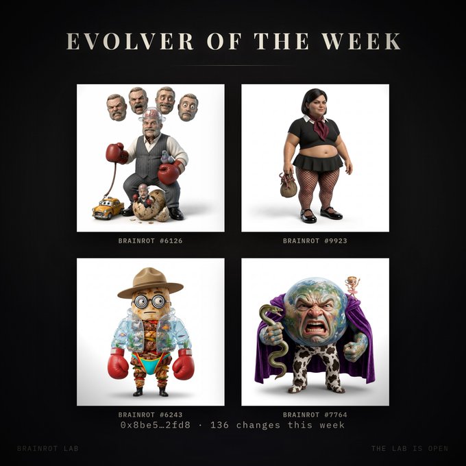 An "EVOLVER OF THE WEEK" graphic from Brainrot Lab showcasing four grotesque designer toy figurines labeled "BRAINROT #6126," "BRAINROT #9923," "BRAINROT #6243," and "BRAINROT #7764," with a contract address "0x8be5...2fd8" and "136 changes this week."