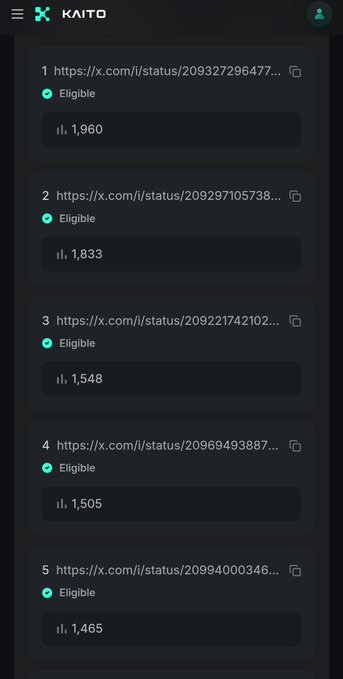 A mobile app interface for 'KAITO' showing a list of Twitter (X) post links, each marked 'Eligible' with token amounts ranging from 1,960 to 1,465.