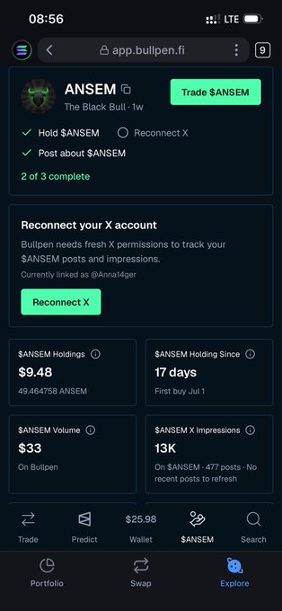 Screenshot of the Bullpen.fi app showing the $ANSEM token page ("The Black Bull") with $9.48 in holdings, 17 days held, $33 volume, and 13K X impressions, prompting to reconnect an X account (@Anna14ger).