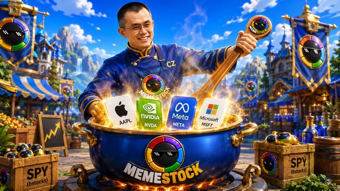 A digitally composed image shows a chef stirring a large pot labeled 'MEMESTOCK' containing icons of Apple (AAPL), NVIDIA (NVDA), Meta, and Microsoft (MSFT), with 'SPY (bstocks)' crates on either side.