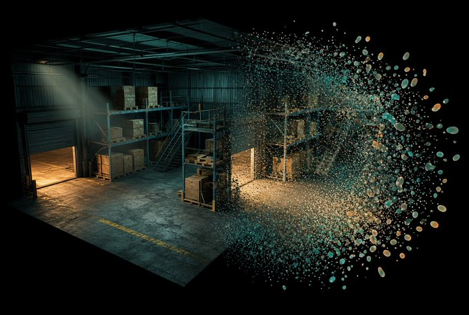 The image shows a warehouse interior with shelves of boxes on the left side, while the right side dissolves into a cloud of colorful particles, symbolizing digital transformation or the concept of a project evolving beyond its physical foundation.