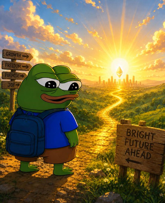 A cartoon frog character wearing a blue shirt and backpack stands at a crossroads with wooden signs reading 'GROWTH,' 'FREEDOM,' 'PURPOSE,' and 'JOY,' alongside another sign pointing toward 'BRIGHT FUTURE AHEAD' toward a sunlit cityscape.