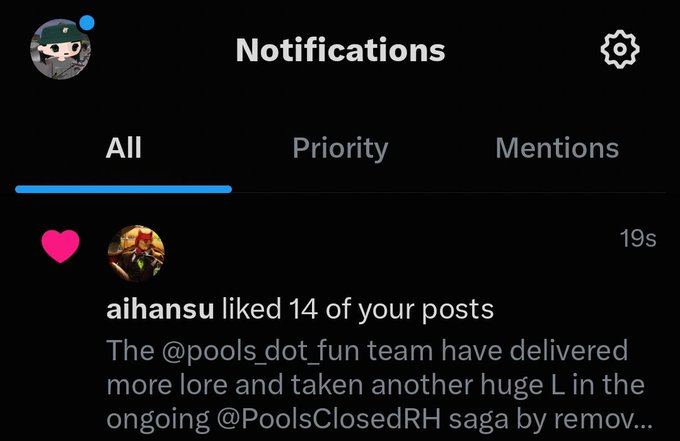 The image displays a notification showing that "aihansu liked 14 of your posts" along with a preview mentioning "@pools_dot_fun" and "@PoolsClosedRH," posted 19 seconds ago. This screenshot supports the post's caption, highlighting the remarkable support from @AihansuCrypto, who liked a large batch of posts—an unusual show of appreciation compared to paid subscribers.
