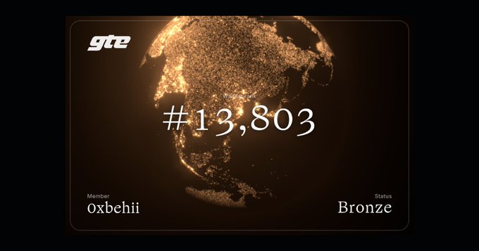A digital membership card shows member 'Oxbehii' ranked #13,803 with a Bronze status on a golden globe graphic branded 'gte'.
