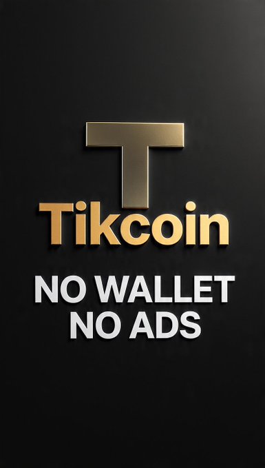 The image features a sleek black background with a metallic gold "T" logo above the word "Tikcoin" in matching gold lettering, followed by bold white text reading "NO WALLET NO ADS." This aligns with the post's call to action against the Tikcoin team's monetization of users' time without delivering a product, urging people to stop watching ads until a wallet is released.