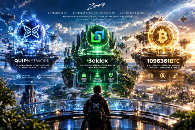 A futuristic fantasy landscape promotional graphic for 'Zunco' showing three floating islands with logos for QUIP NETWORK (quantum-ready infrastructure), Beldex (privacy-focused account), and 1096361BTC (community & data), with a person looking out from a balcony.