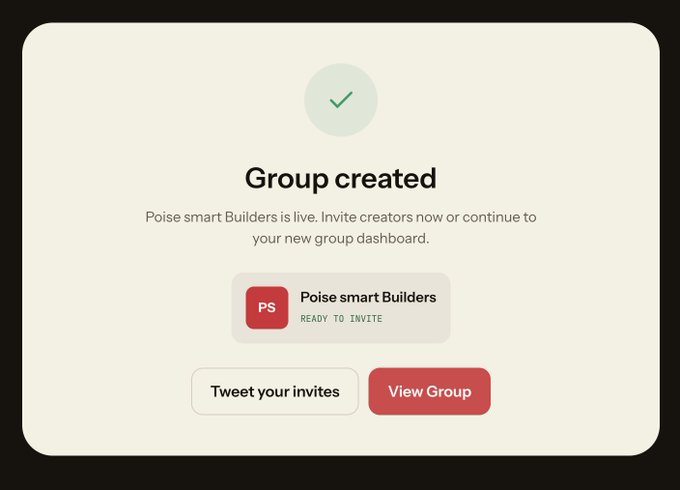 A screenshot of a 'Group created' confirmation page with a green checkmark. It announces 'Poise smart Builders is live' and offers buttons to 'Tweet your invites' and 'View Group', with a red 'PS' logo next to the group name.