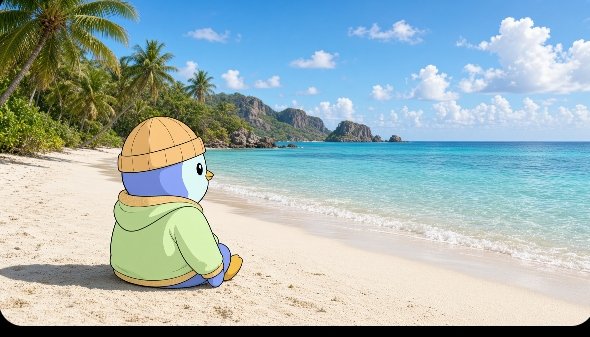 An animated illustration of a small blue penguin-like character in a green hoodie and tan hat sitting on a tropical beach looking at the ocean.
