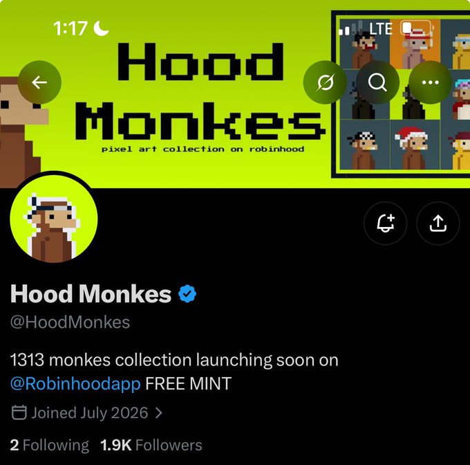 The image shows the X (Twitter) profile for @HoodMonkes, a verified account promoting a "1,313 monkes collection" launching as a free mint on the Robinhood app, with the banner reading "Hood Monkes pixel art collection on robinhood." The account, joined July 2026, already has 1.9K followers and is generating buzz as one of the trending free mints highlighted in the accompanying post.