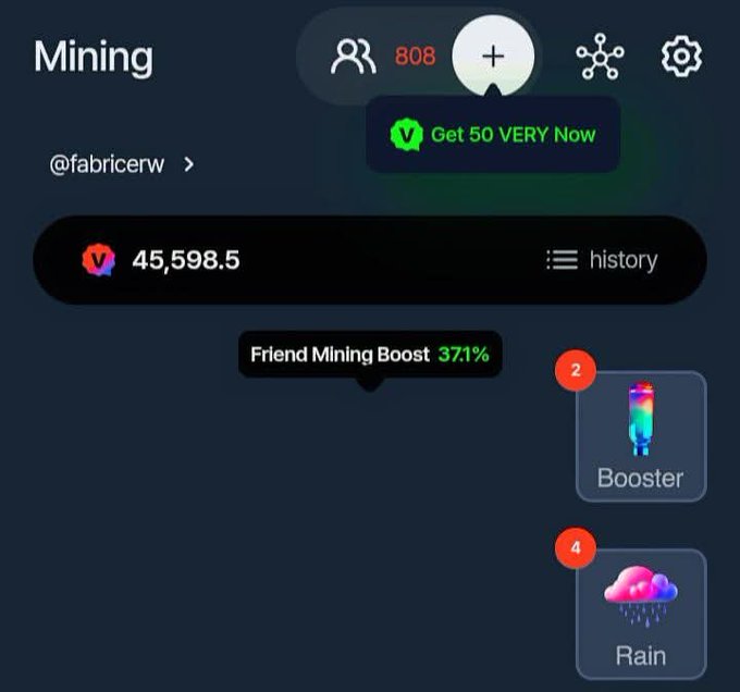 The image shows a "Mining" dashboard for the user @fabricerw displaying a balance of 45,598.5 VERY tokens, with a "Friend Mining Boost" of 37.1%, and invites to earn 50 VERY tokens. The screenshot supports the post's call to action to mine $VERY before its OKX listing, highlighting the airdrop and referral incentive via invite.verychat.io/fabricerw.