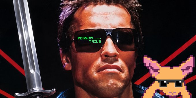 A photo composite resembling an 80s action movie poster shows a man in dark sunglasses with 'POSSUM TAILS' reflected in them, standing next to a sword, with a pixelated orange dog in the corner.