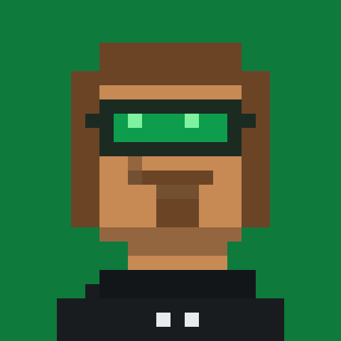 A pixel art portrait depicts a character with a goatee wearing green VR-style goggles and a black shirt, set against a green background, fitting the "Gn Reatil Punks" collection of stylized NFT avatars.