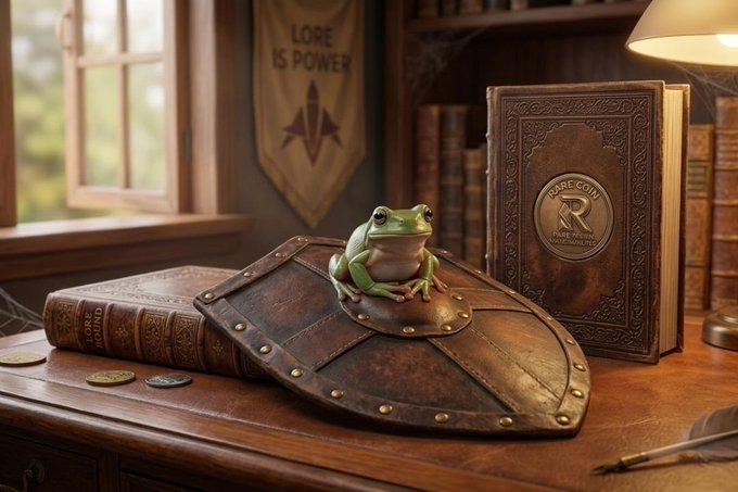 A small green frog sits atop a leather-bound book and ornate shield on a wooden desk, beside another antique book labeled 'RARE COIN' in a study with a 'LORE IS POWER' banner on the wall.