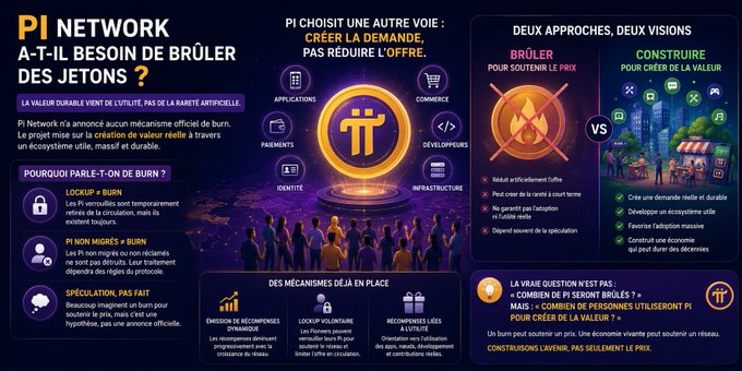 A French-language infographic about 'PI NETWORK' titled 'A-T-IL BESOIN DE BRÛLER DES JETONS ?' contrasts two approaches: 'BRÛLER' (burning tokens to support the price) versus 'CONSTRUIRE' (creating real value), set against a dark blue background with Pi Network logos and icons.