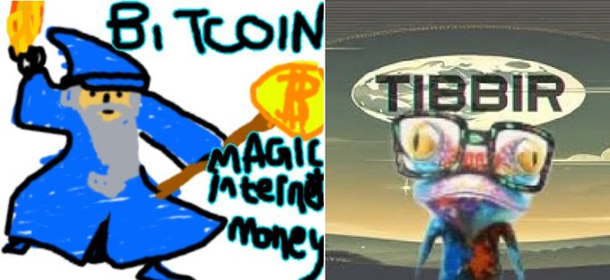 The image features two drawings of a wizard with a staff, one blue and one green, both holding a golden staff. The text "Both of these memes" is written above them, indicating that they are related to the same topic or theme. The caption below the images reads "Both of these memes started with stealth development. Both started with a fair launch. Both were ridiculed by others at some point before awareness grew. Be careful judging too early. Understand the industry direction. Study. Build conviction."
