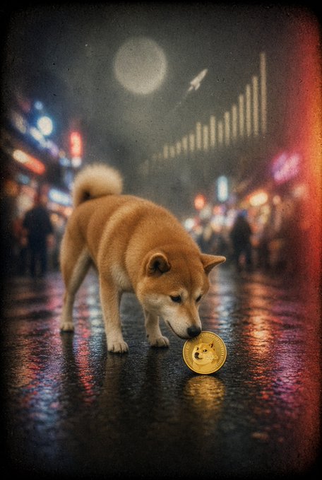 An artistic image of a Shiba Inu dog sniffing a Dogecoin coin on a wet, neon-lit city street at night, with a rocket trajectory in the sky.