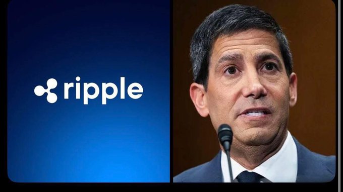 The image features a man speaking into a microphone at an event or conference. The background of the image has a blue color with white text that reads "ripple". This suggests that the speaker might be discussing Ripple, a cryptocurrency platform developed by Ripple Labs. The image also includes a caption about the Federal Reserve considering using Ripple to settle payments for $XRP (Ripple token).