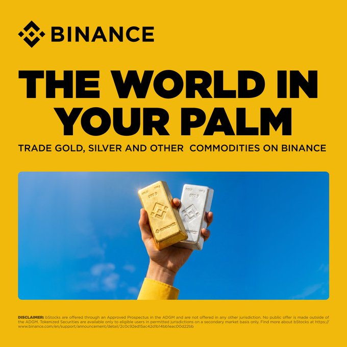 A Binance promotional ad featuring the headline "THE WORLD IN YOUR PALM" against a yellow background, with an image of a hand holding gold and silver bars against a blue sky—visually reinforcing the message that traders can now access Gold and Silver commodity options directly on the Binance platform.