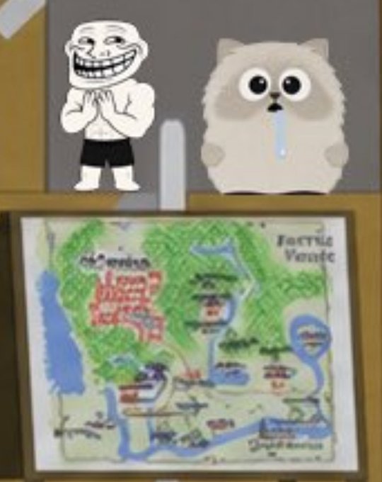 A meme image featuring the trollface character standing next to a drooling, wide-eyed cat looking at a poorly drawn map labeled 'Ferrie Vestie' and 'Mapleston'.