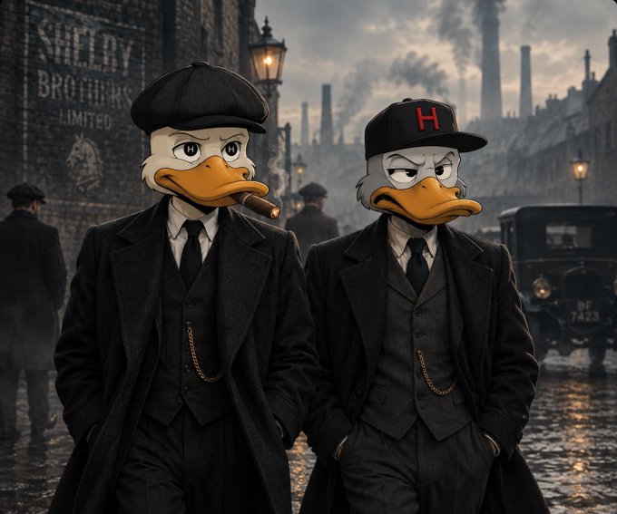 Two anthropomorphic ducks are dressed in dark formal suits and flat caps, styled after Peaky Blinders gang members, standing in a cobblestone street with industrial smokestacks visible in the foggy background; one cap bears an 'H' logo and a wall sign reads 'SHELBY BROTHERS LIMITED'.