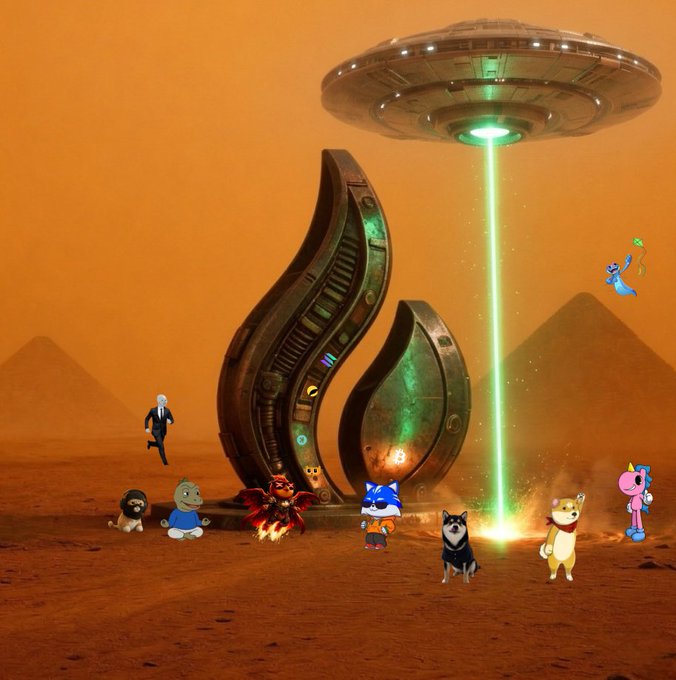 ursa, a green alien spaceship, hovers over a desert landscape with a group of six cartoon characters and a dog on the ground below.