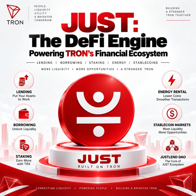 A promotional graphic titled 'JUST: The DeFi Engine Powering TRON's Financial Ecosystem' showcases features including Lending, Borrowing, Staking, Energy Rental, Stablecoin Markets, and JustLend DAO around a central red JUST coin.