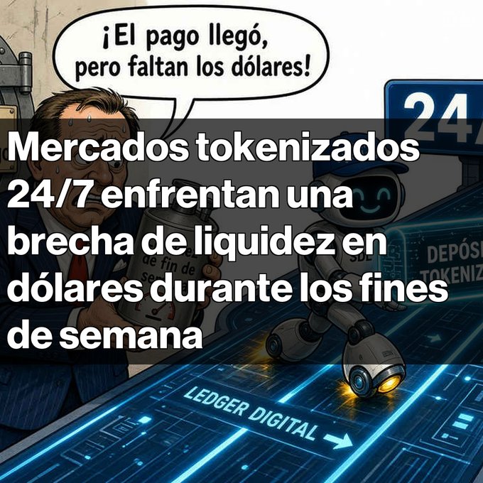 A cartoon image showing a character saying '¡El pago llegó, pero faltan los dólares!' with overlaid Spanish text reading 'Mercados tokenizados 24/7 enfrentan una brecha de liquidez en dólares durante los fines de semana', depicting a sweating man and a robot on a digital ledger path.