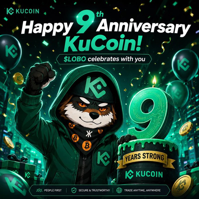 A KuCoin promotional graphic celebrating their "Happy 9th Anniversary KuCoin!" featuring the $LOBO dog mascot in a green hoodie next to a number 9 cake, with Bitcoin coins and banners reading "9 YEARS STRONG" and "SECURE & TRUSTWORTHY".