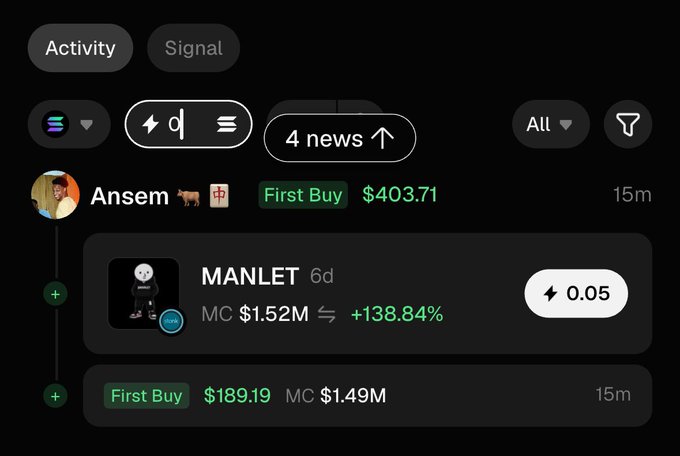 A trading platform activity feed showing user "Ansem" making a "First Buy" of token "MANLET" for $403.71, with market cap $1.52M and +138.84% change.