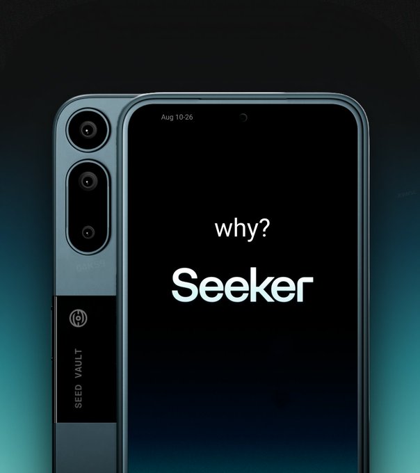 A smartphone with a sleek dark design displays 'why? Seeker' on its screen, featuring a 'SEED VAULT' label on the side near the camera module.