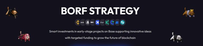 The image features a banner with a gray background, displaying information about Borf Strategy. The text "BORF Strategy" is written at the top of the banner, while the phrase "Smart investments in early-stage projects on Borf supporting innovative ideas" is below it. Below that, there are four images representing different animals: an elephant, a lion, a dog, and a cat. These images are arranged horizontally across the banner, with each animal positioned at various heights to create a sense of depth. The overall layout of the image suggests that the animals represent different aspects or strategies within Borf Strategy.