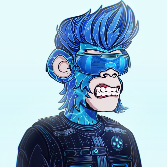 A cartoon-style illustration depicts a blue, water-themed anthropomorphic monkey character with spiky blue hair, wearing futuristic blue visor glasses and dark tech armor.