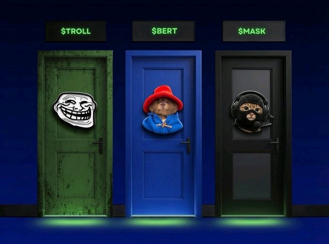 The image shows three doors, each with a different cartoon character on them. The first door has a green door with a "Stroll" sign above it. The second door features a blue door with a red hat on it. The third door is black and has a cat wearing headphones on it. The post asks which door you would choose to open if you were trying to retire your bloodline, and the options are Stroll, Bert, and Mask.
