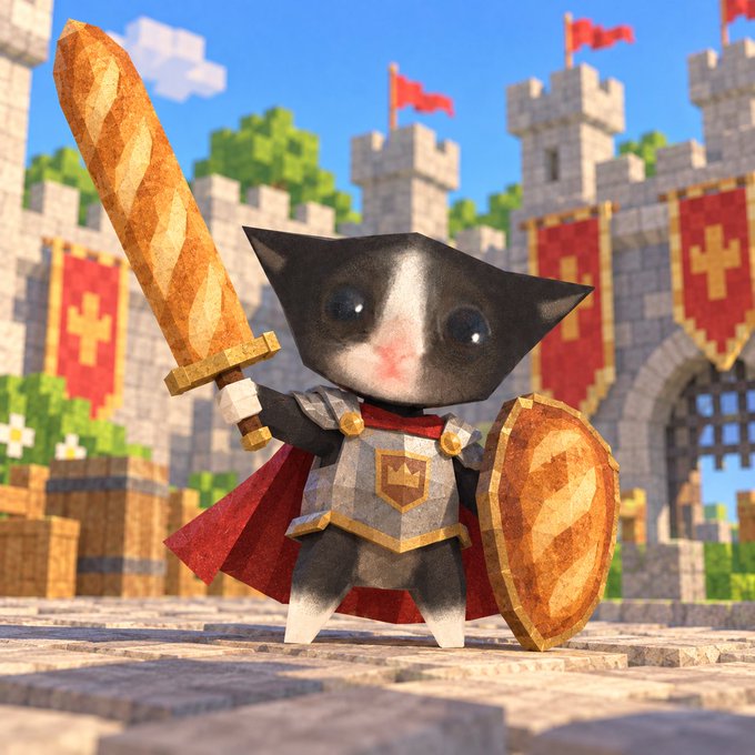 A small black and white kitten dressed as a knight with armor and red cape, holding a bread sword and shield in a Minecraft-style castle setting.