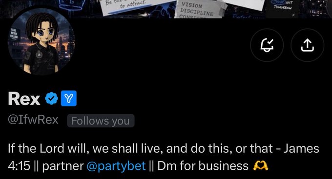 A verified Twitter/X profile for "Rex" (@IfwRex), featuring an anime-style avatar and a bio quoting James 4:15, promoting a partnership with @partybet. The accompanying post "one winner tomorrow, gn gn guys don't miss this" aligns with the betting partnership promotion shown in the profile.