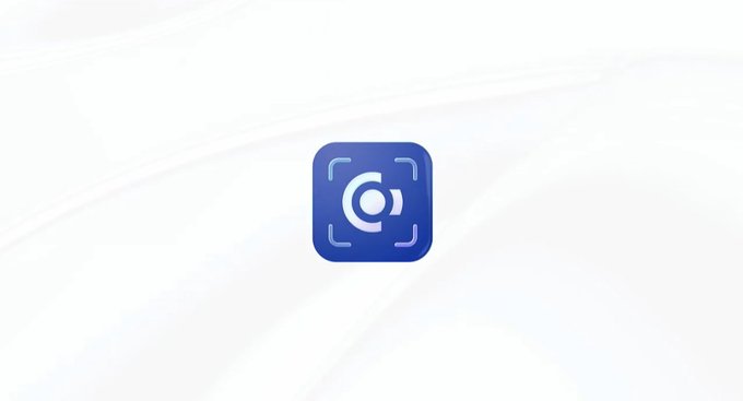 A blue app icon featuring a camera lens design with corner brackets is displayed on a white background.