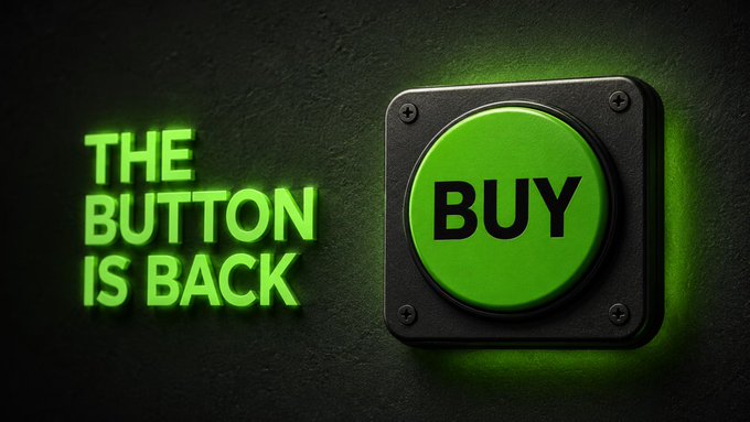 A promotional graphic featuring a large green button labeled "BUY" mounted on a dark wall, accompanied by the glowing green text "THE BUTTON IS BACK".