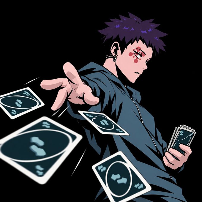 An anime-style character with purple spiky hair, facial markings, and an earring confidently tosses playing cards while holding a deck, set against a black background. The image's gambling fortune-telling imagery visually reinforces the post's theme of "pulling" bullish predictions about $KNOTS reaching a $300M market cap.