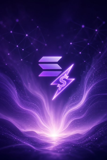 A purple digital illustration showing the Solana logo (SOL) with a lightning bolt symbol against a cosmic background with glowing energy.