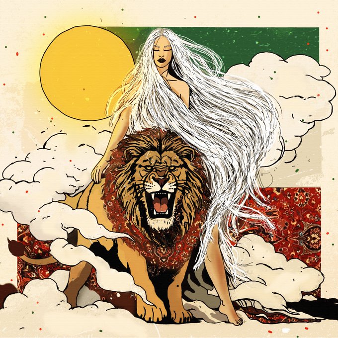 A stylized illustration depicting a woman with long flowing white hair sitting atop a roaring lion, set against a backdrop featuring a yellow sun, white clouds, and ornate red and green patterns.