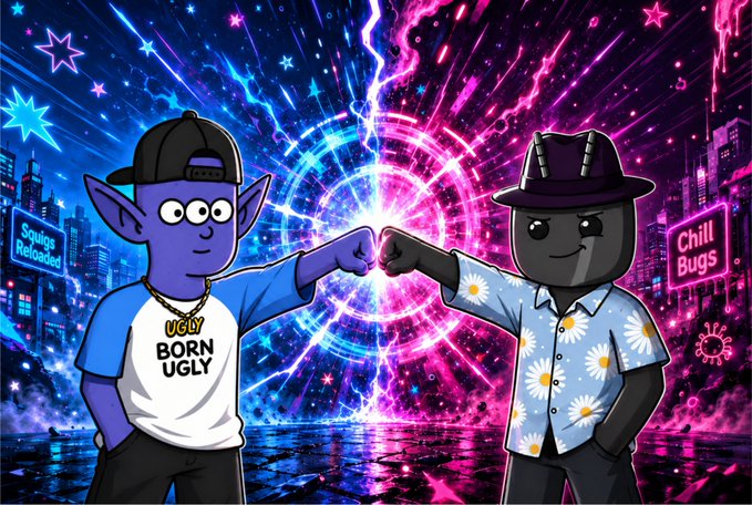 A vibrant digital illustration of two cartoon characters fist-bumping amid pink and blue energy, with neon signs reading "Squigs Reloaded" and "Chill Bugs" in the background.