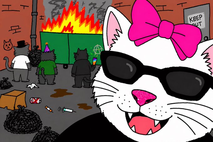 An animated illustration shows a white cat with a pink bow and sunglasses in the foreground, while cats in hoodies stand near a burning dumpster in an alley.